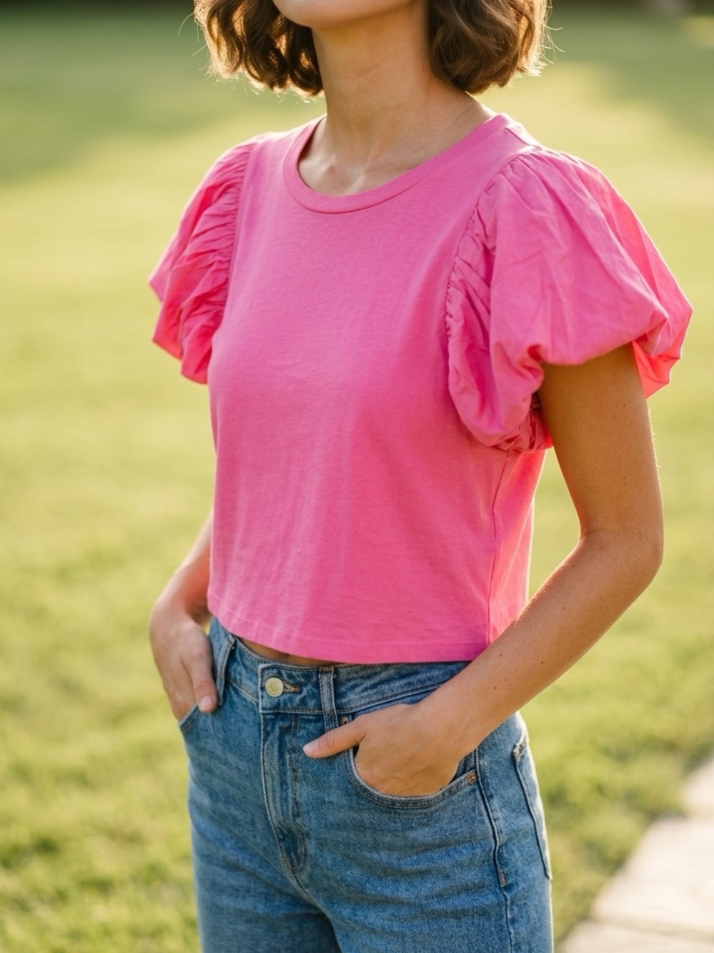 Zara Hot Pink Puff-Sleeve Crop Top